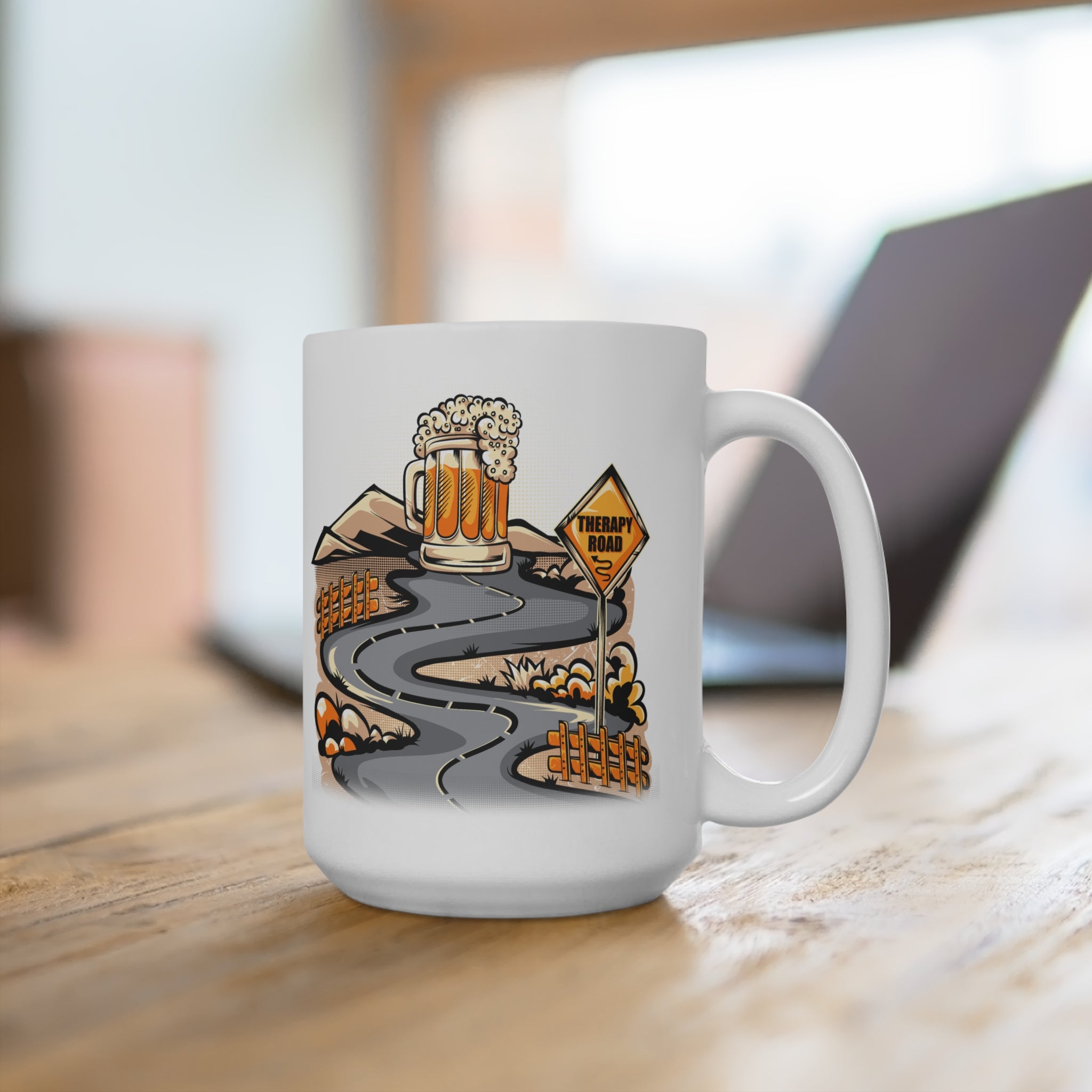 Therapy Road Beer Mug — 15oz Ceramic Coffee Mug with Road & Beer Graphic