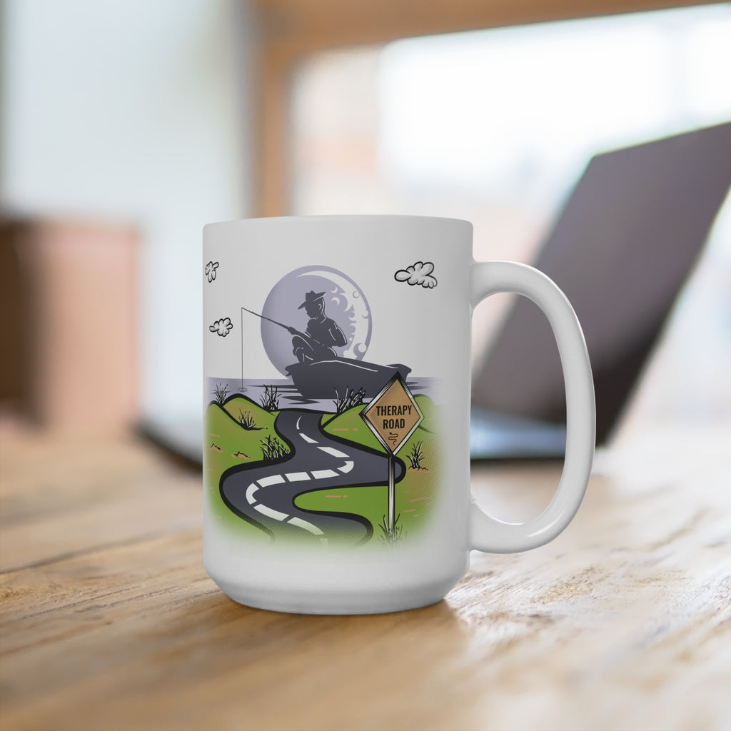 Fishing Road 15oz Ceramic Mug — Scenic Angler Silhouette Coffee Cup