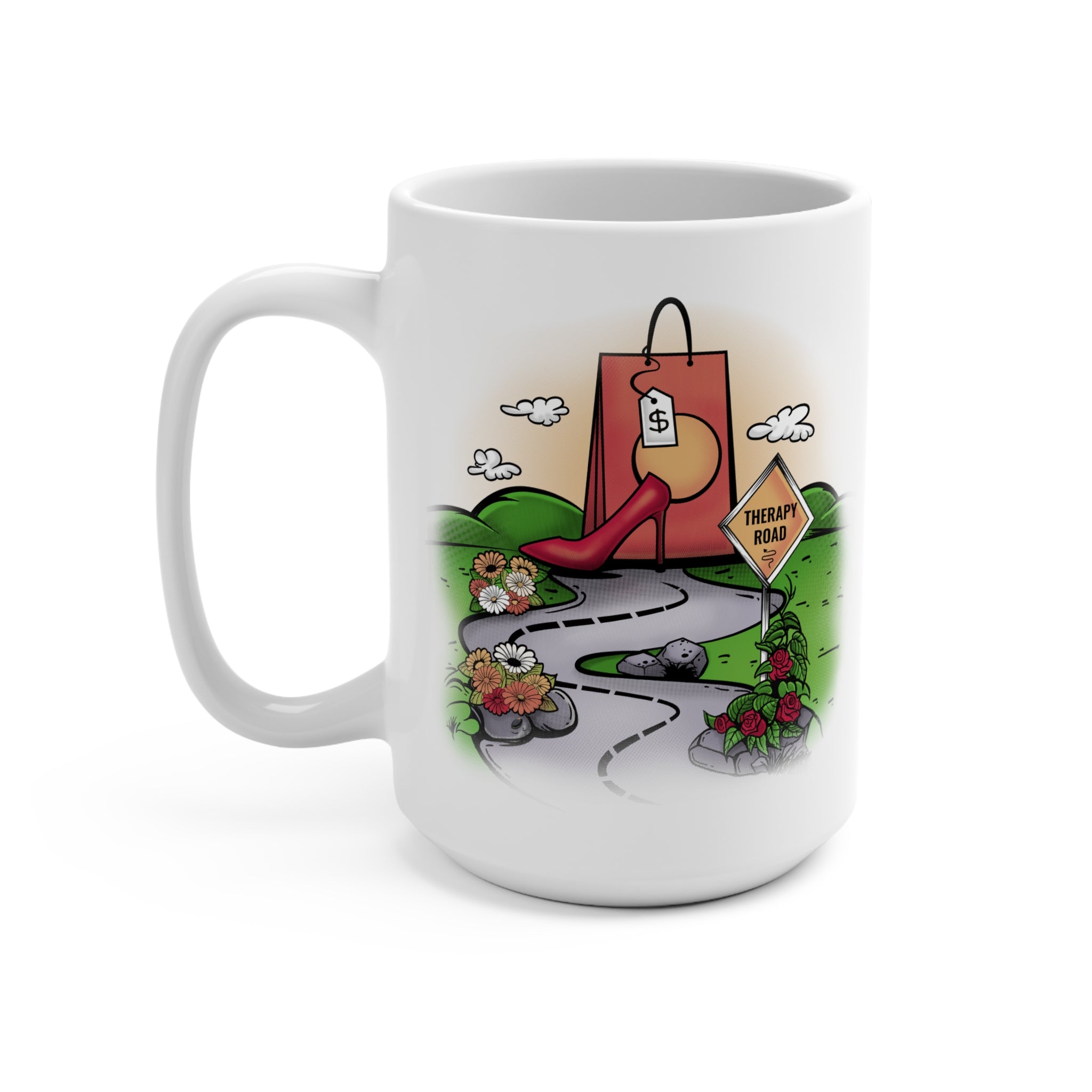 Therapy Road 15oz Coffee Mug — Funny Retail Therapy Road Sign Design