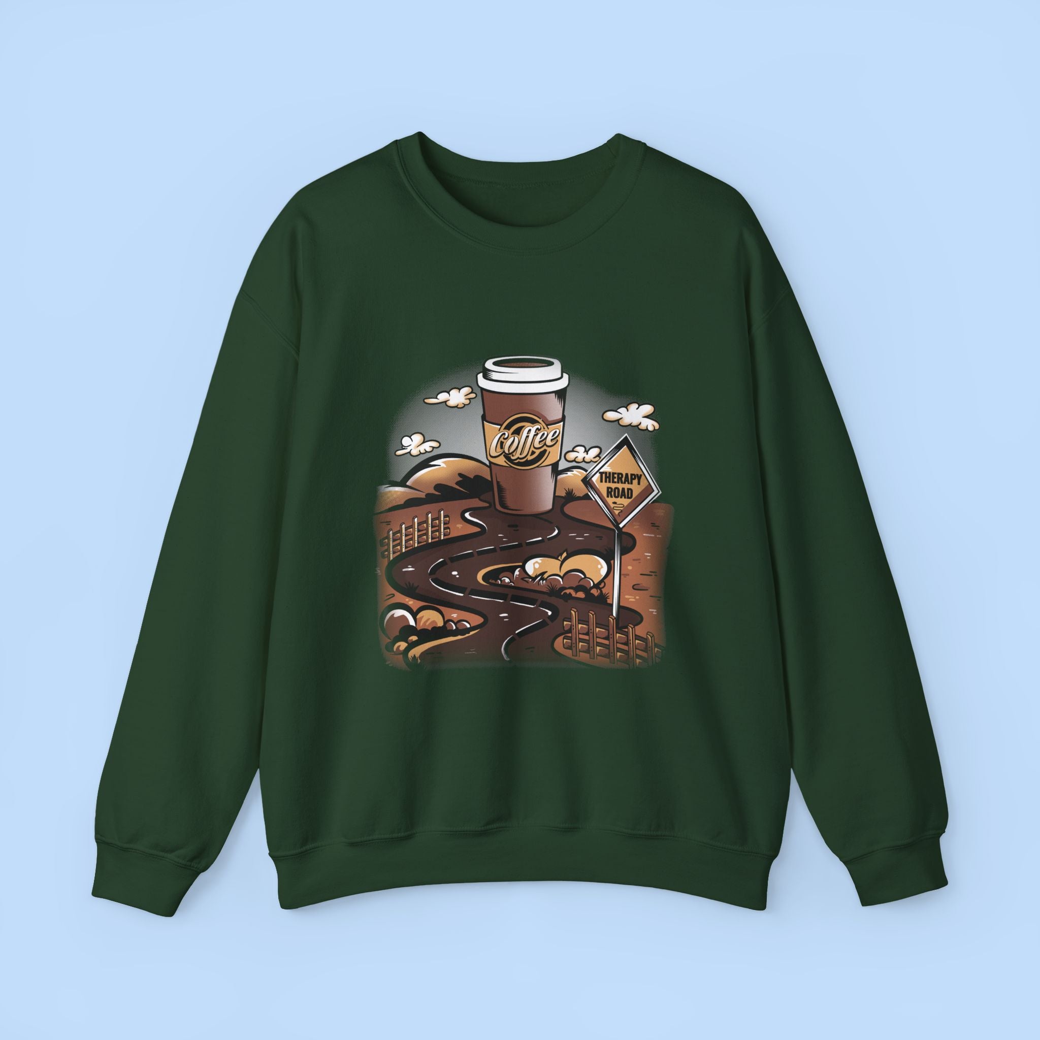 Coffee Road Crewneck Sweatshirt — Cozy Travel Coffee Graphic, Therapy Sweatshirt