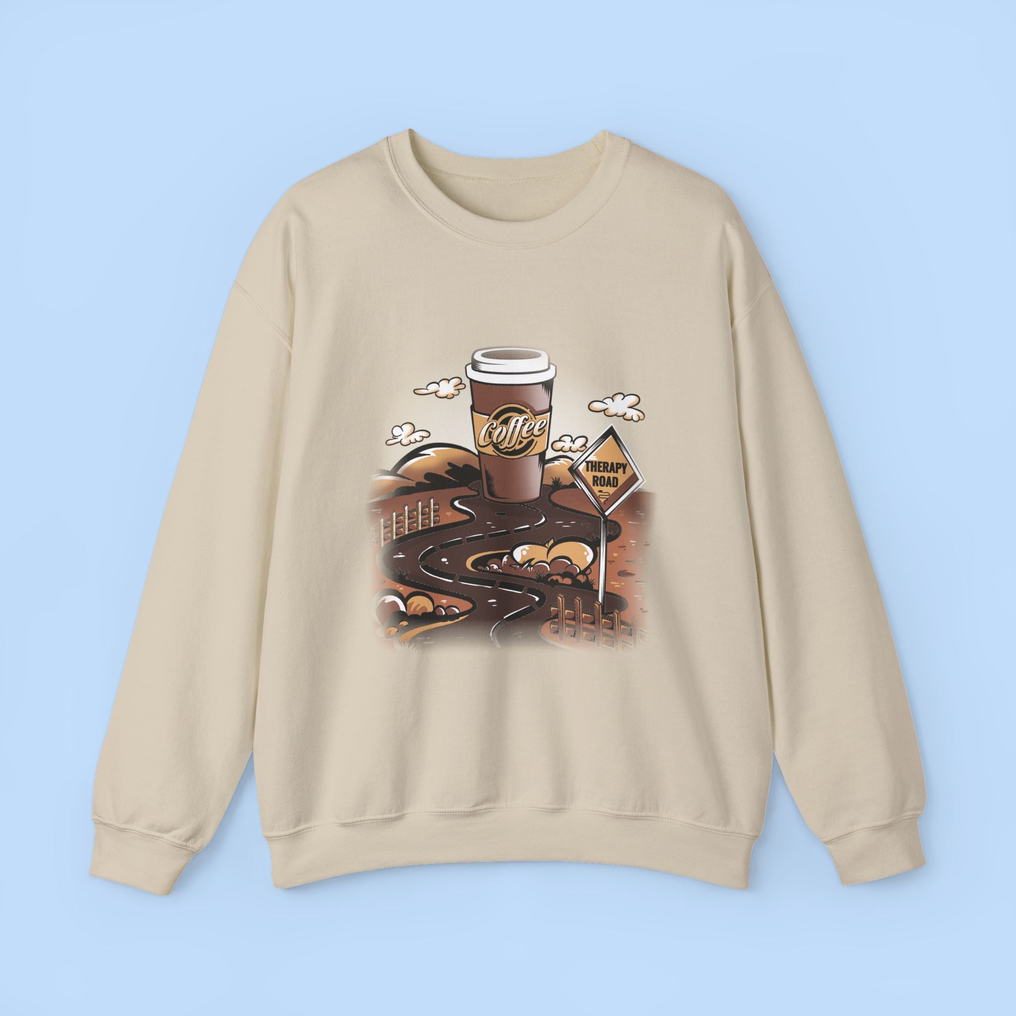 Coffee Road Crewneck Sweatshirt — Cozy Travel Coffee Graphic, Therapy Sweatshirt