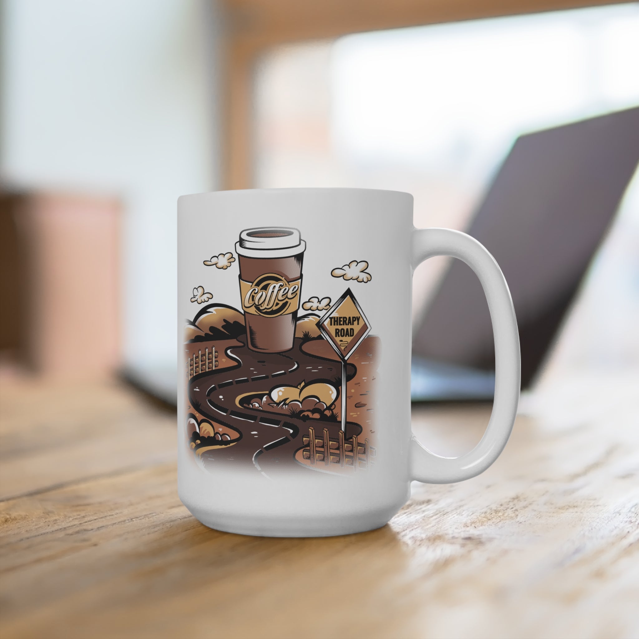 Coffee Therapy Road 15oz Ceramic Mug — Funny Coffee Lover Travel Design