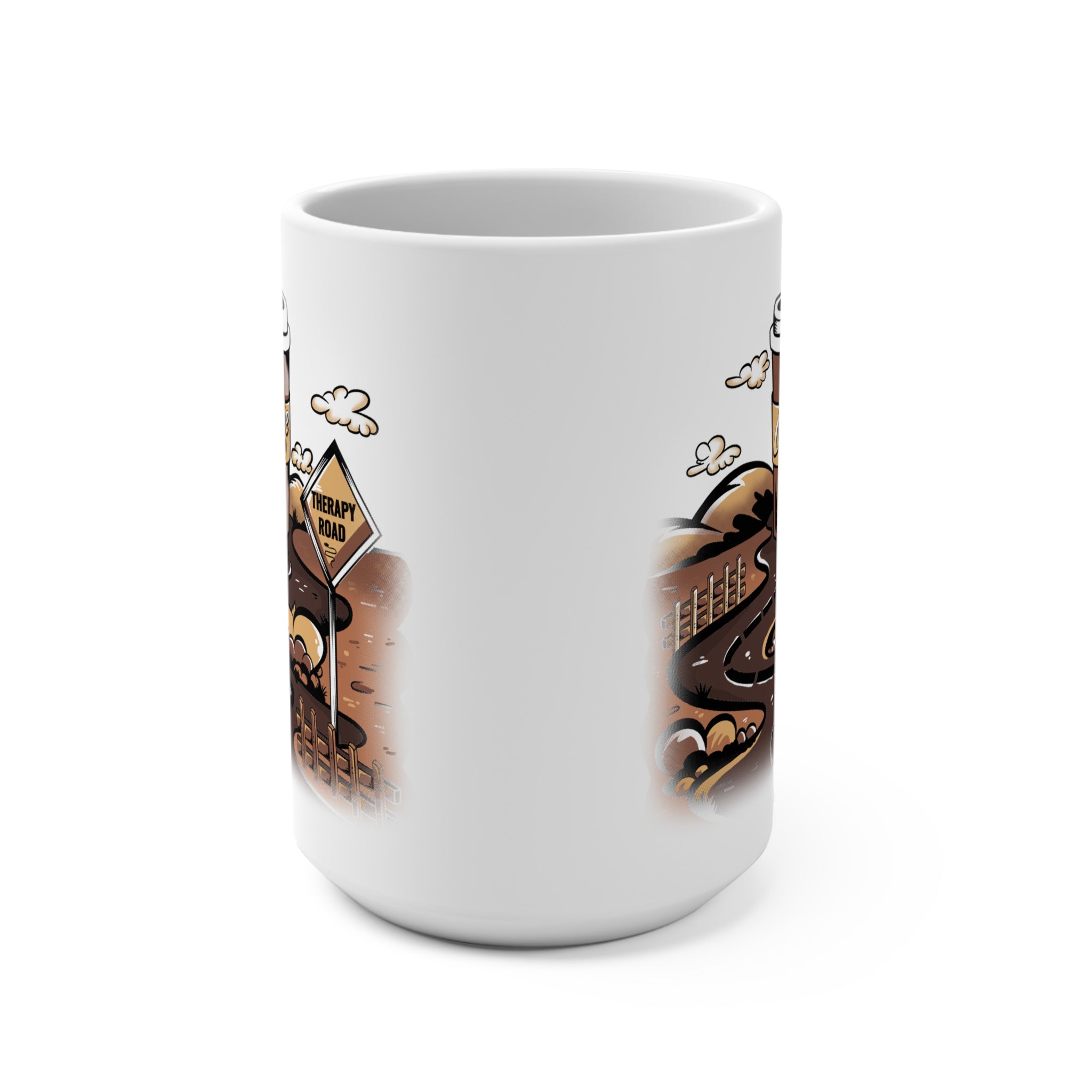 Coffee Therapy Road 15oz Ceramic Mug — Funny Coffee Lover Travel Design