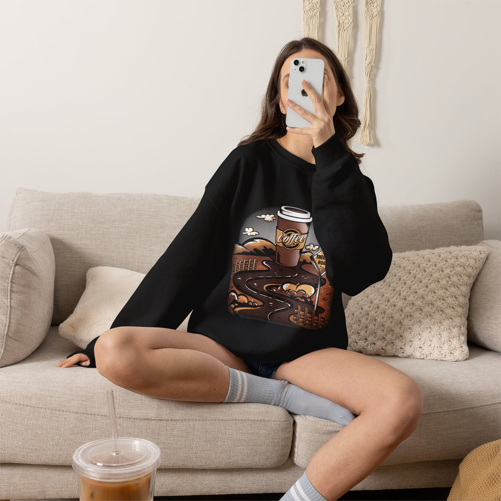 Coffee Road Crewneck Sweatshirt — Cozy Travel Coffee Graphic, Therapy Sweatshirt