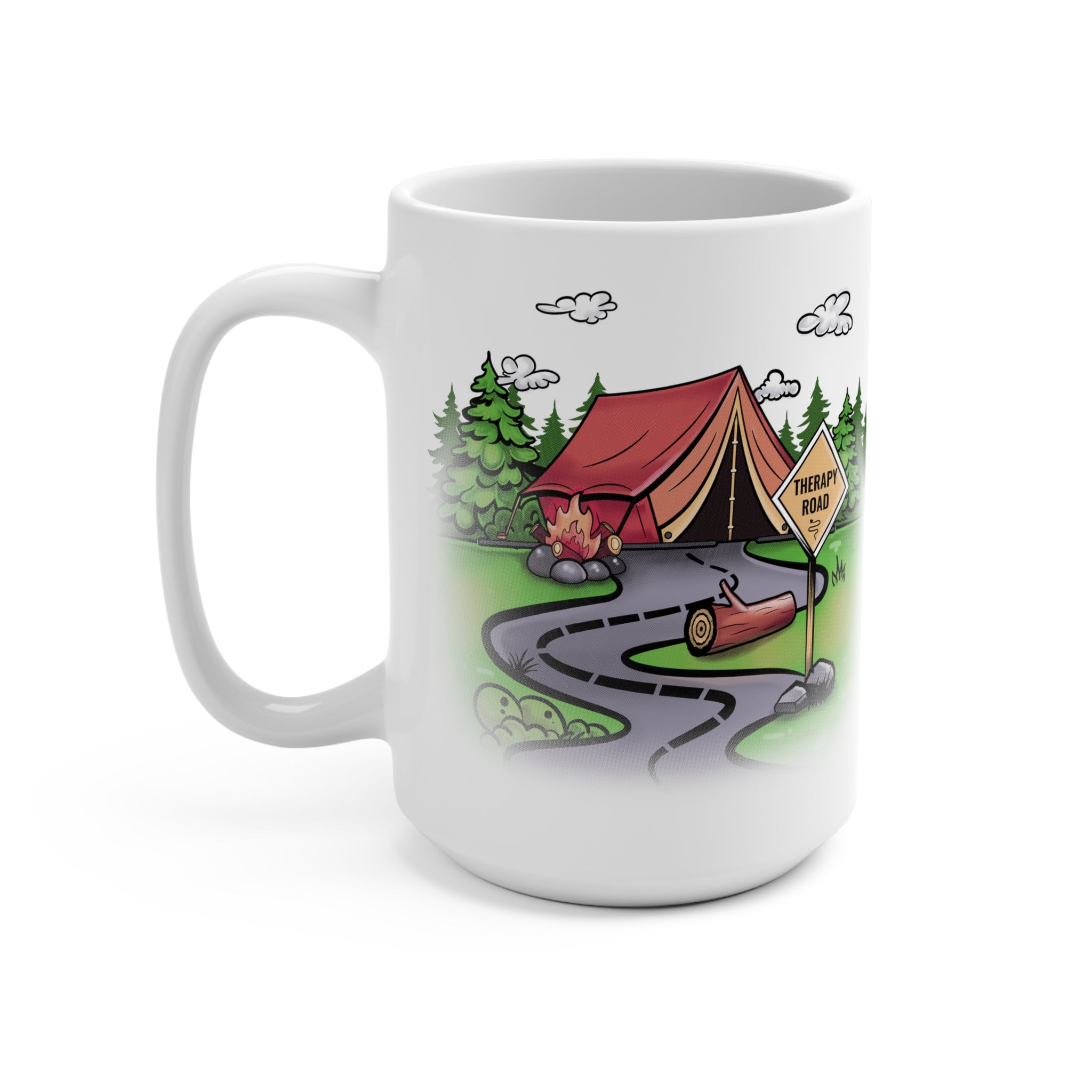Camping Therapy Road 15oz Ceramic Mug — Relaxing Outdoors Coffee Cup