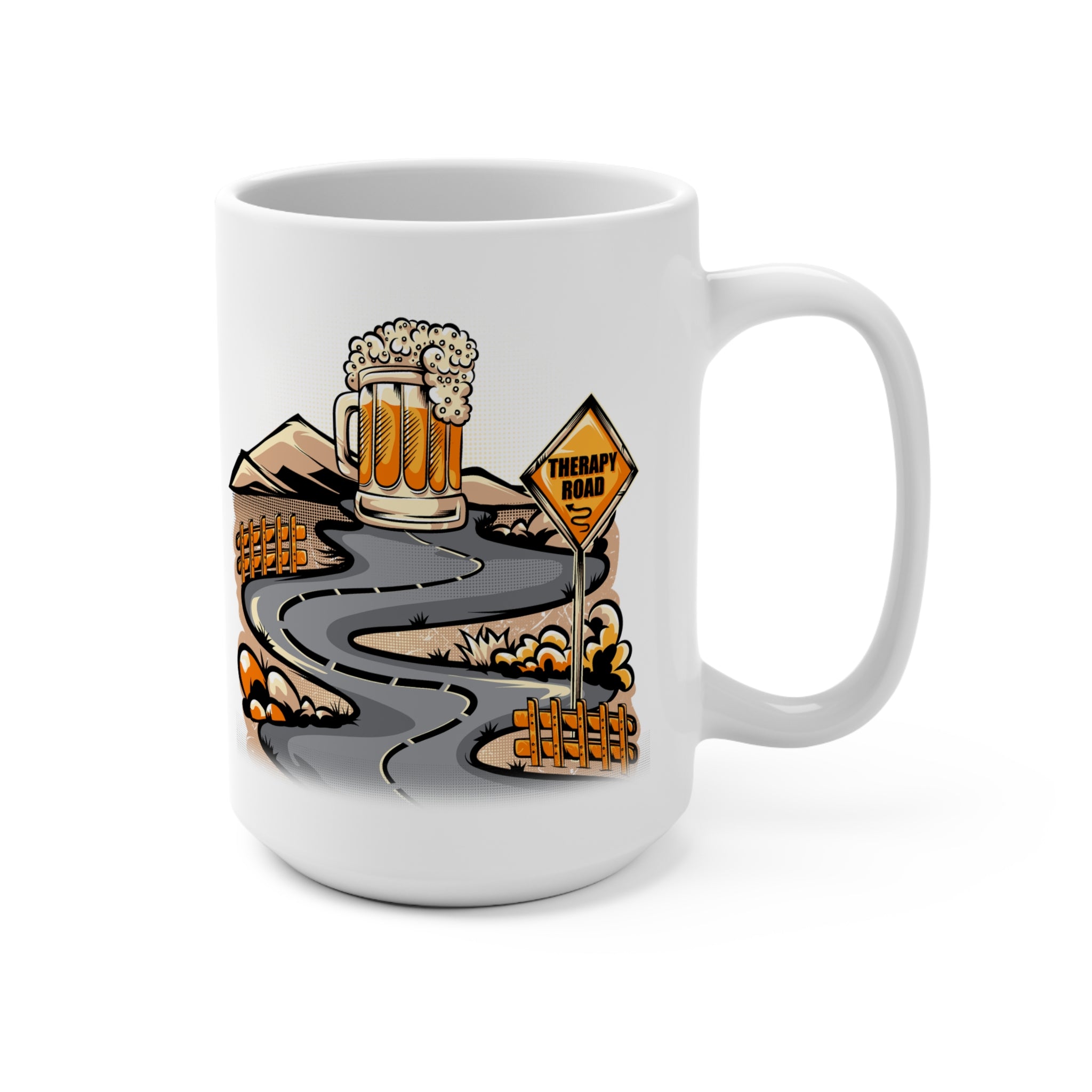 Therapy Road Beer Mug — 15oz Ceramic Coffee Mug with Road & Beer Graphic