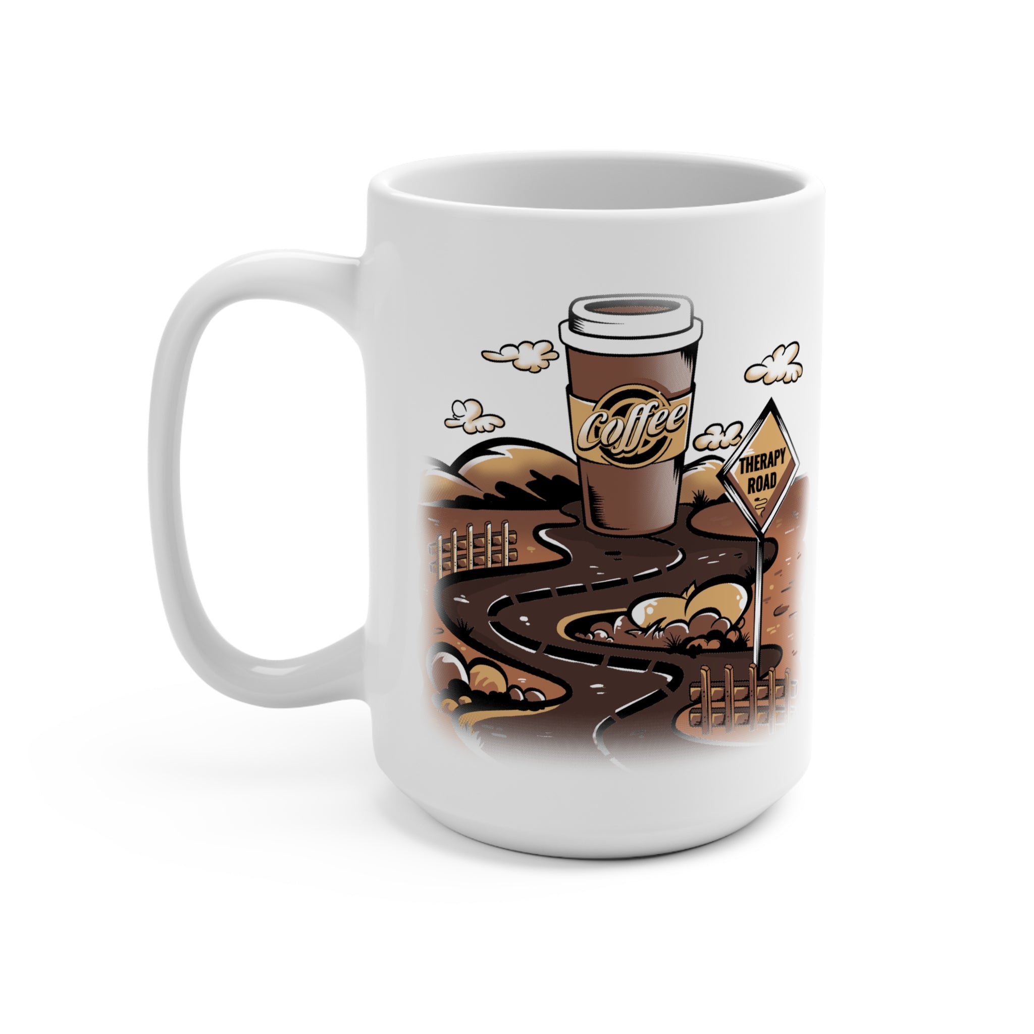 Coffee Therapy Road 15oz Ceramic Mug — Funny Coffee Lover Travel Design