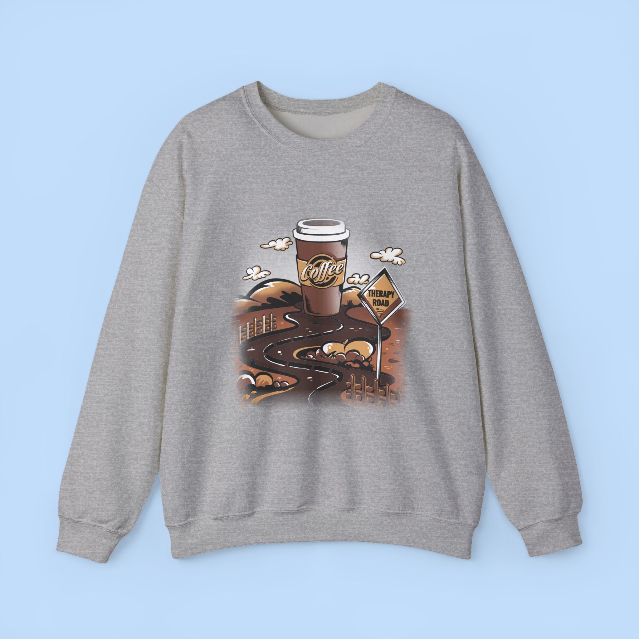 Coffee Road Crewneck Sweatshirt — Cozy Travel Coffee Graphic, Therapy Sweatshirt