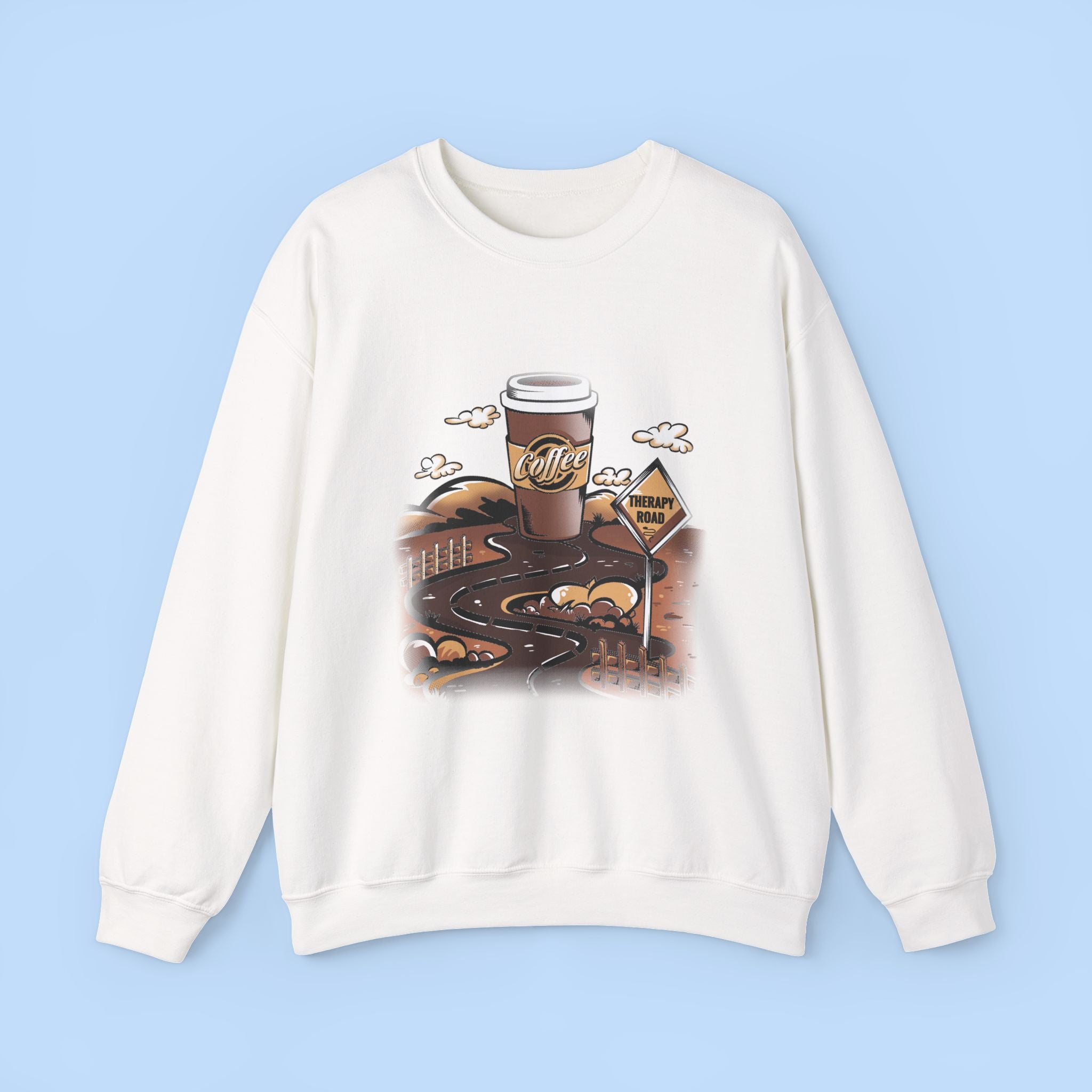 Coffee Road Crewneck Sweatshirt — Cozy Travel Coffee Graphic, Therapy Sweatshirt