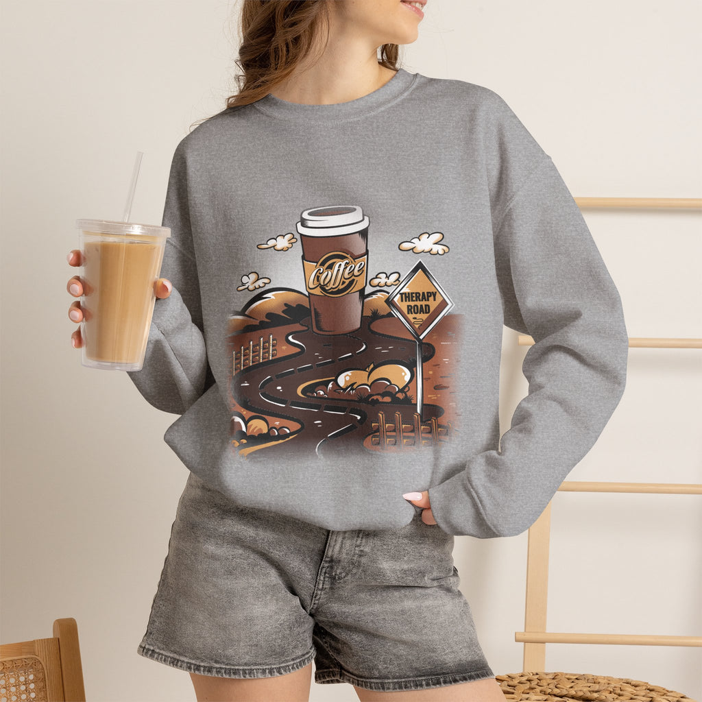 Coffee Road Crewneck Sweatshirt — Cozy Travel Coffee Graphic, Therapy Sweatshirt