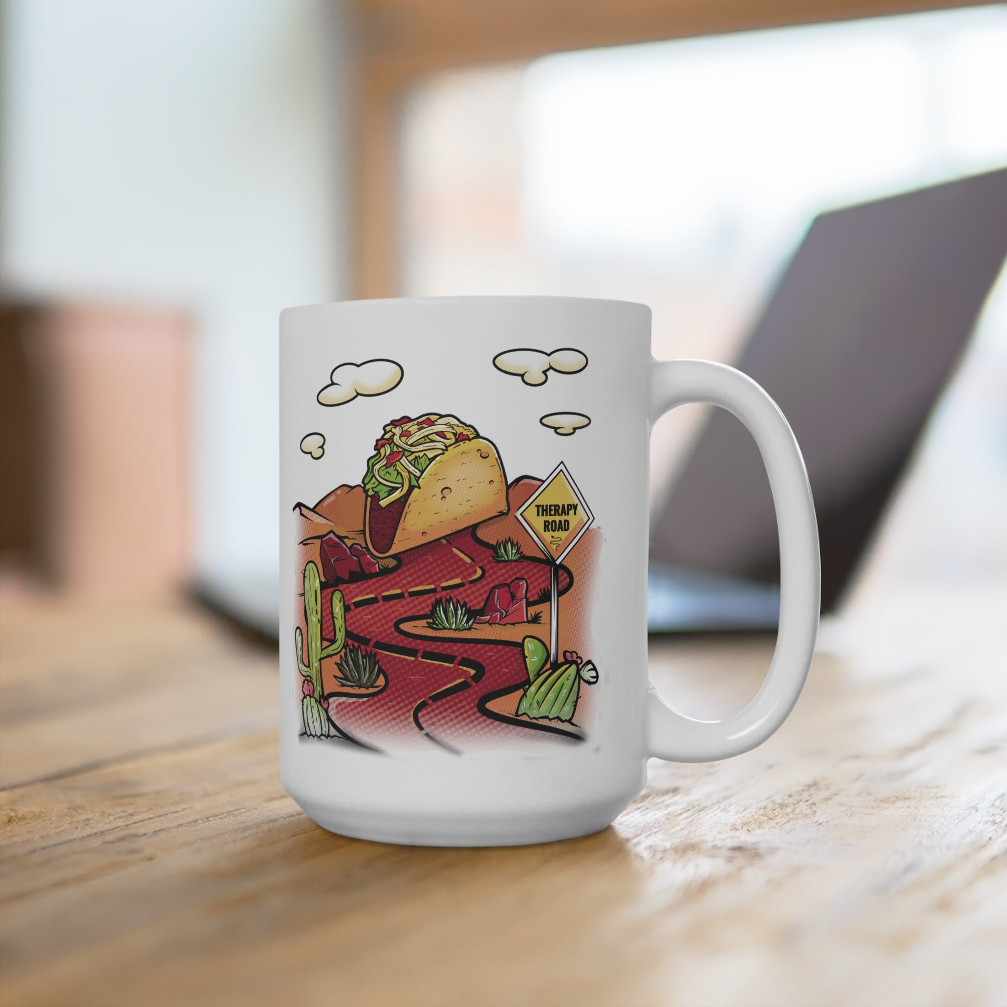 Taco Road Mug — Funny Desert Taco Illustration 15oz