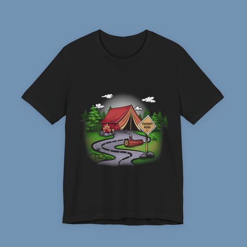 Camping Road Trip T‑Shirt — Tent, Canoe & 'Scenic Route' Sign Outdoor Tee