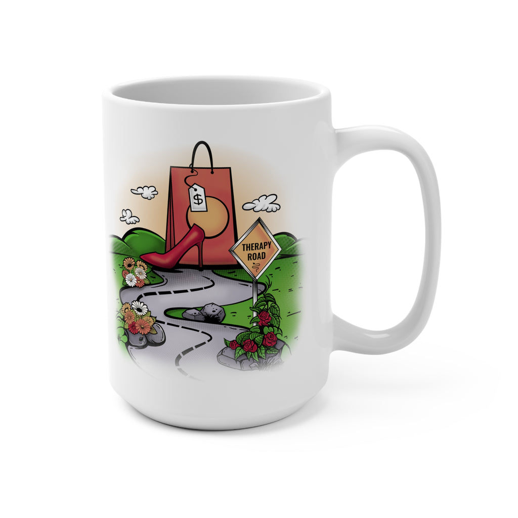 Therapy Road 15oz Coffee Mug — Funny Retail Therapy Road Sign Design