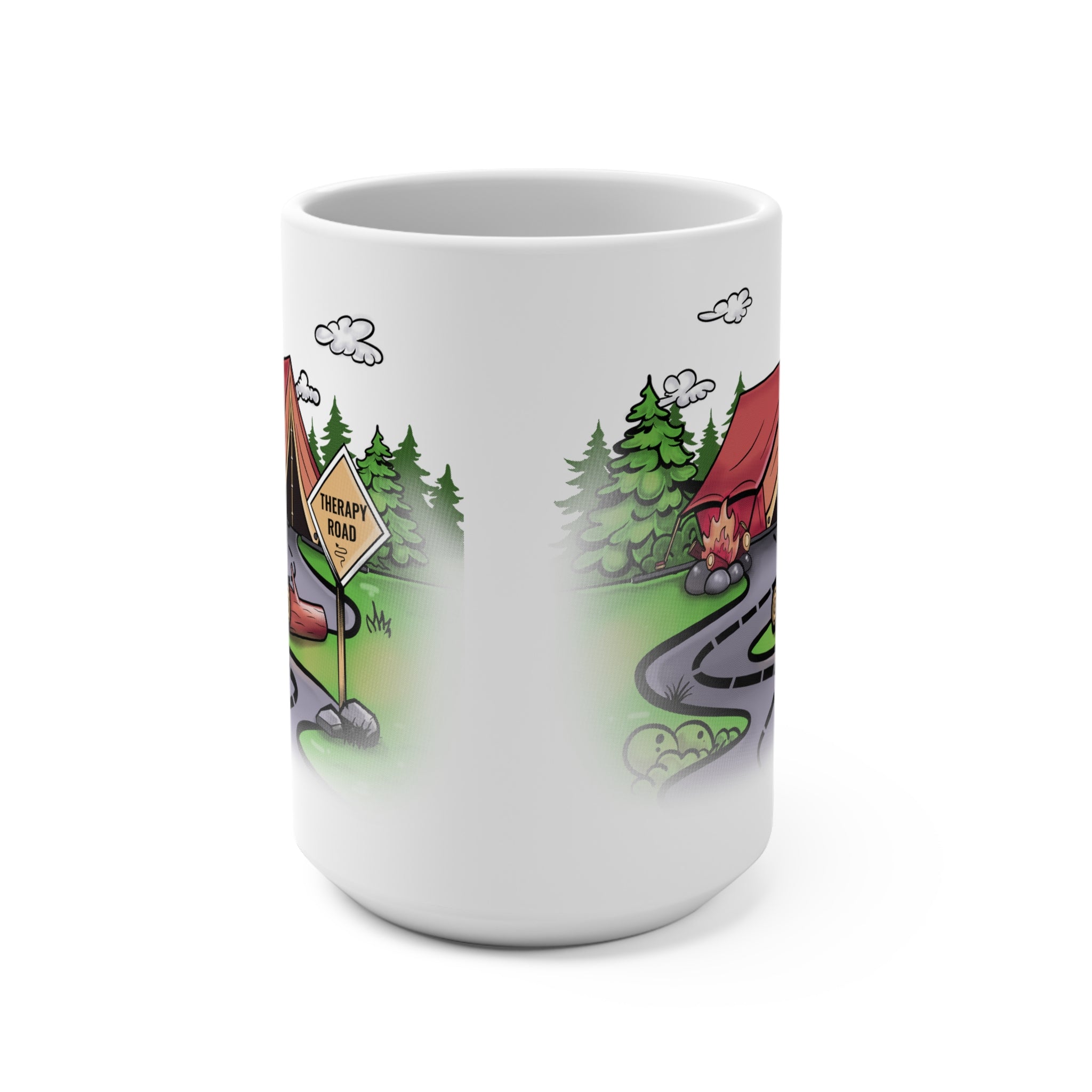 Camping Therapy Road 15oz Ceramic Mug — Relaxing Outdoors Coffee Cup