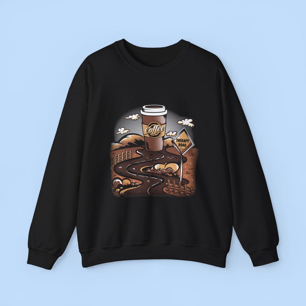 Coffee Road Crewneck Sweatshirt — Cozy Travel Coffee Graphic, Therapy Sweatshirt