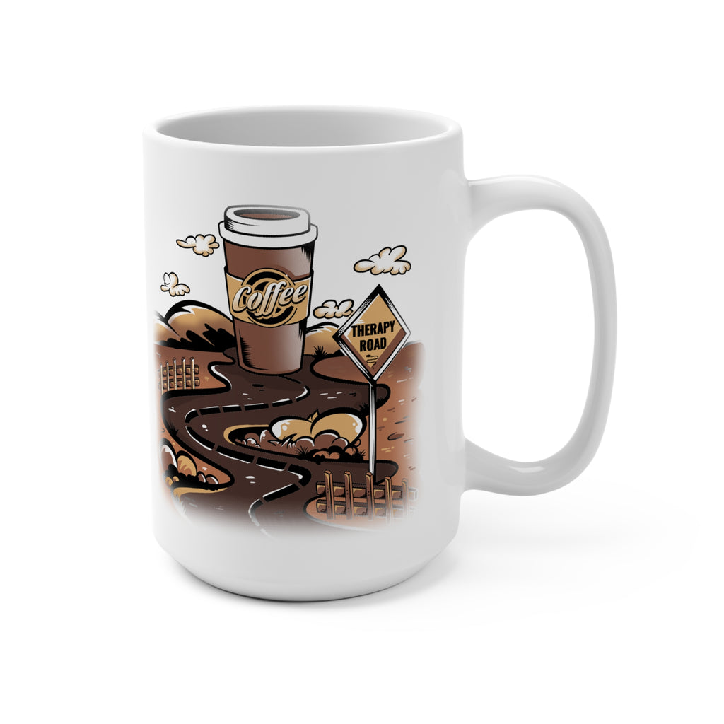 Coffee Therapy Road 15oz Ceramic Mug — Funny Coffee Lover Travel Design
