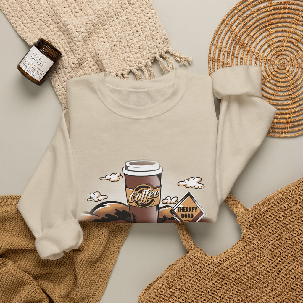 Coffee Road Crewneck Sweatshirt — Cozy Travel Coffee Graphic, Therapy Sweatshirt