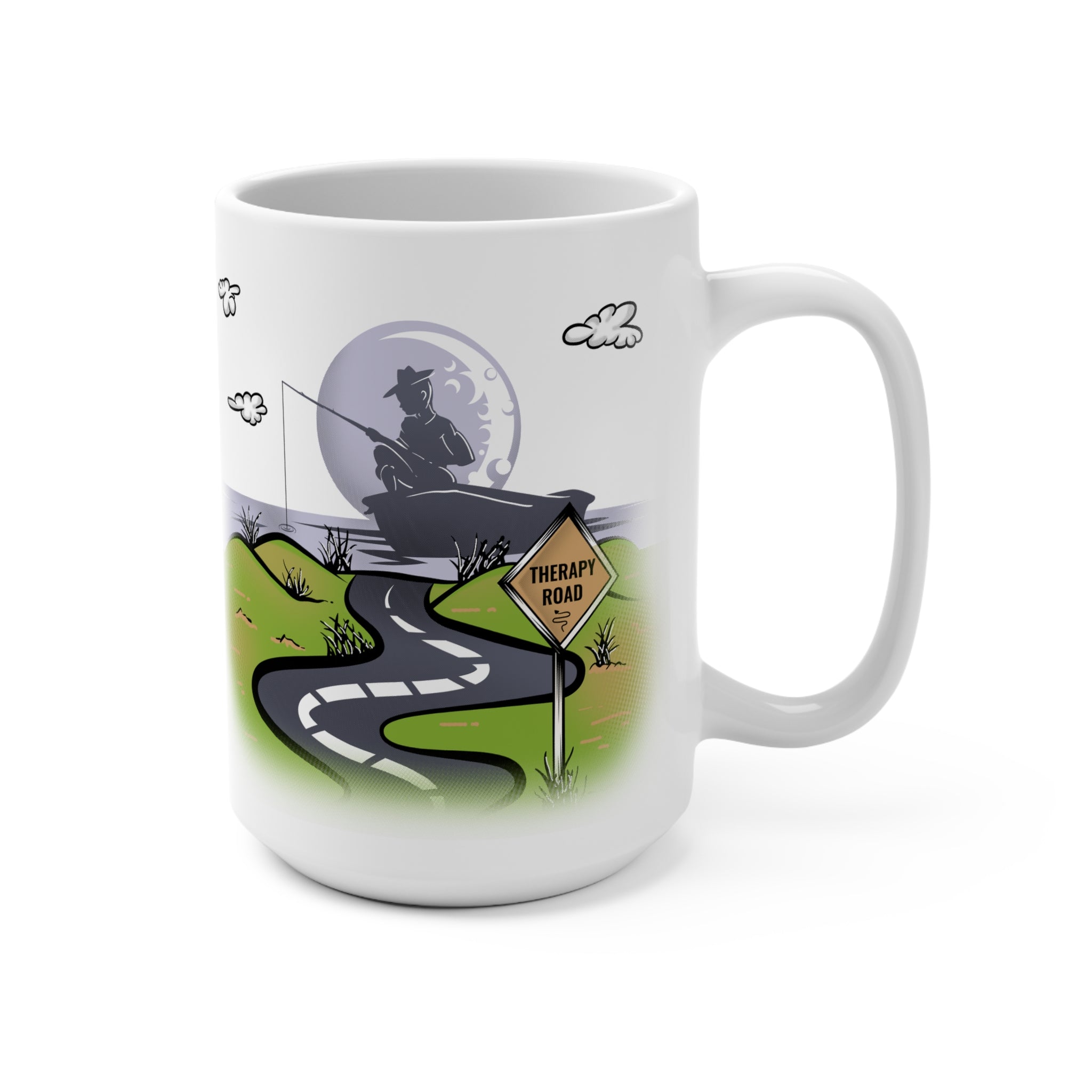 Fishing Road 15oz Ceramic Mug — Scenic Angler Silhouette Coffee Cup