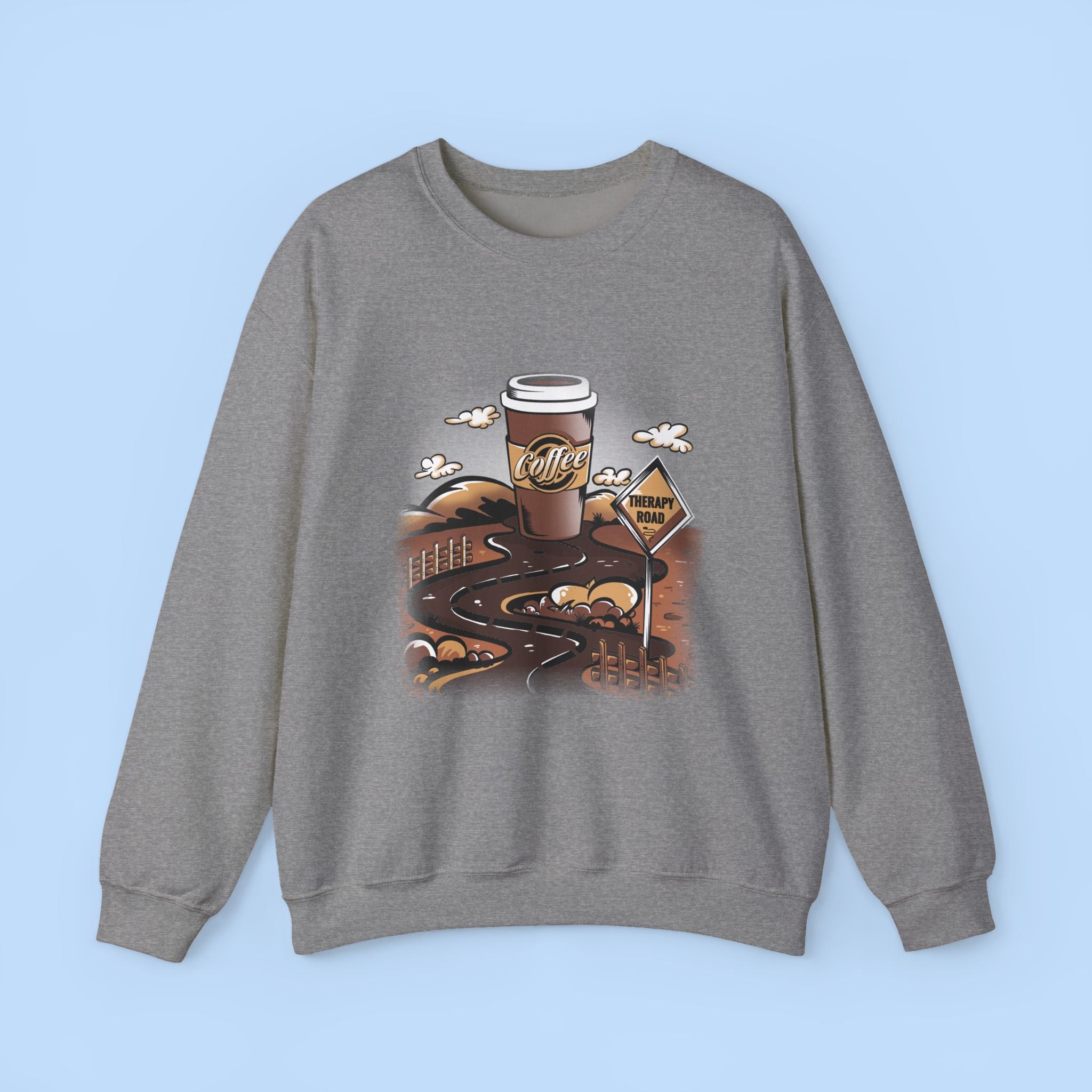 Coffee Road Crewneck Sweatshirt — Cozy Travel Coffee Graphic, Therapy Sweatshirt
