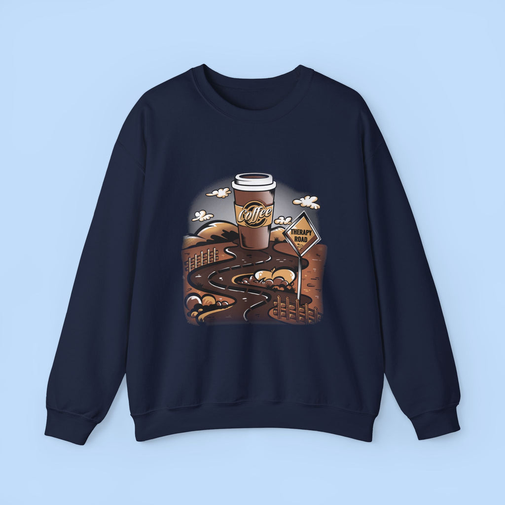 Coffee Road Crewneck Sweatshirt — Cozy Travel Coffee Graphic, Therapy Sweatshirt