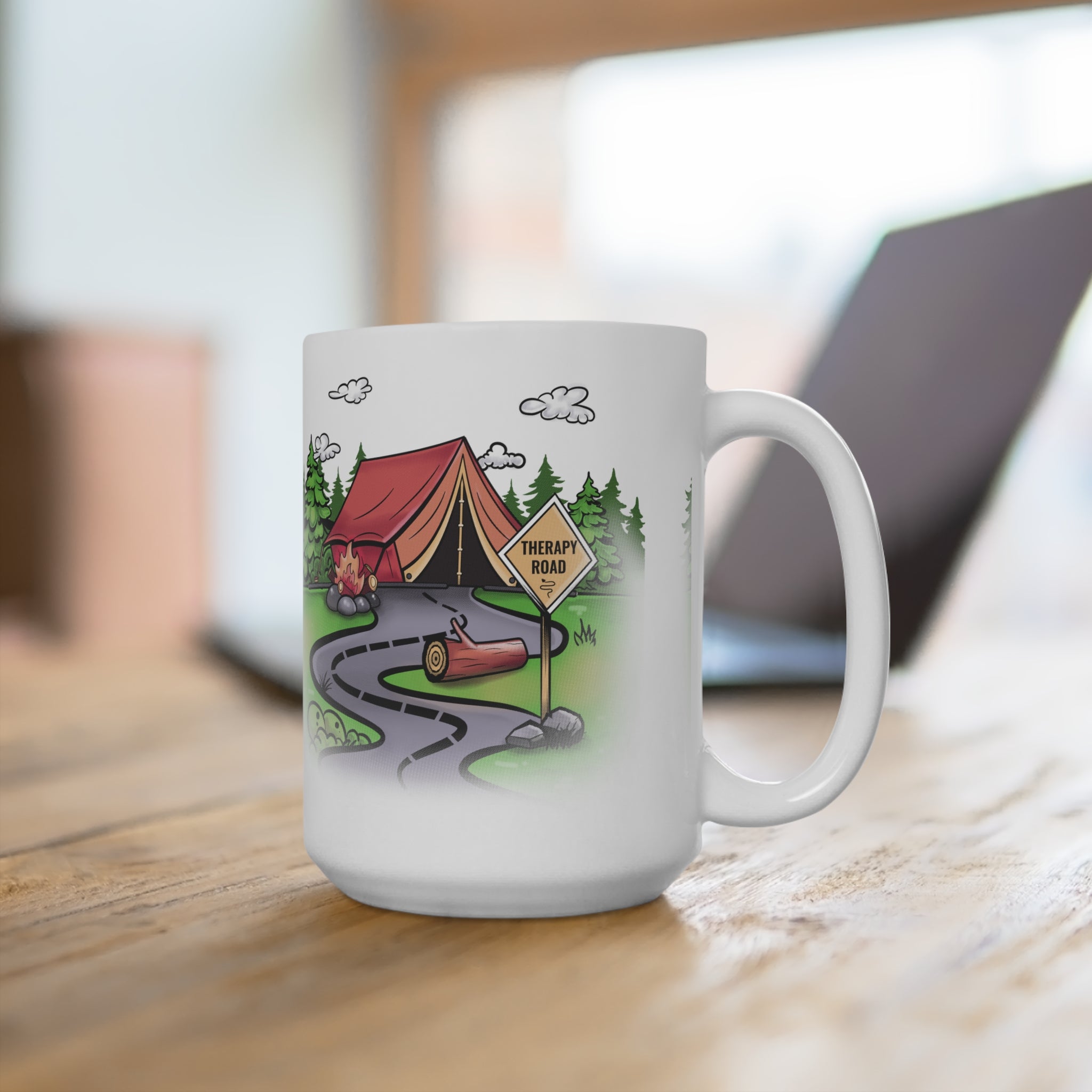 Camping Therapy Road 15oz Ceramic Mug — Relaxing Outdoors Coffee Cup