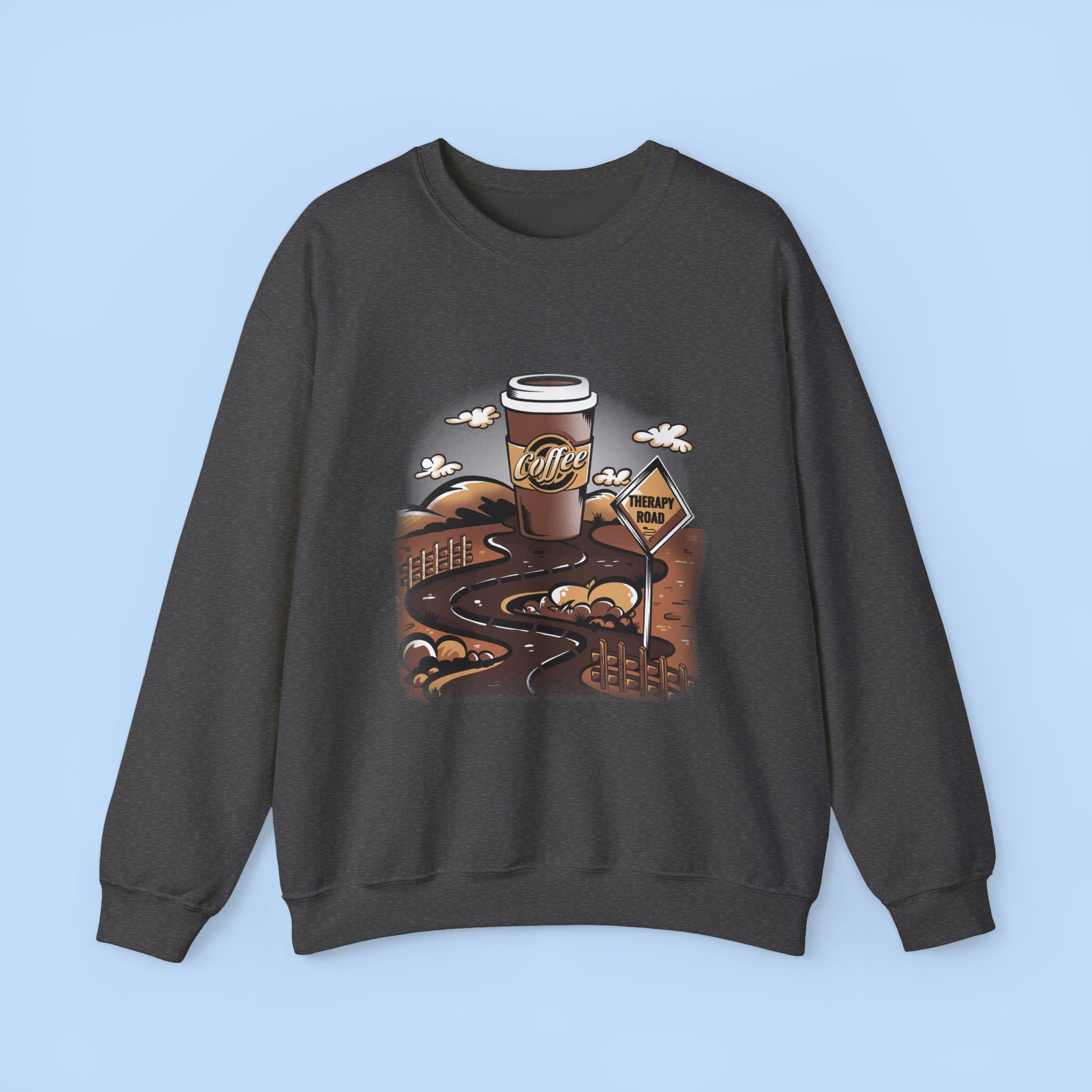 Coffee Road Crewneck Sweatshirt — Cozy Travel Coffee Graphic, Therapy Sweatshirt
