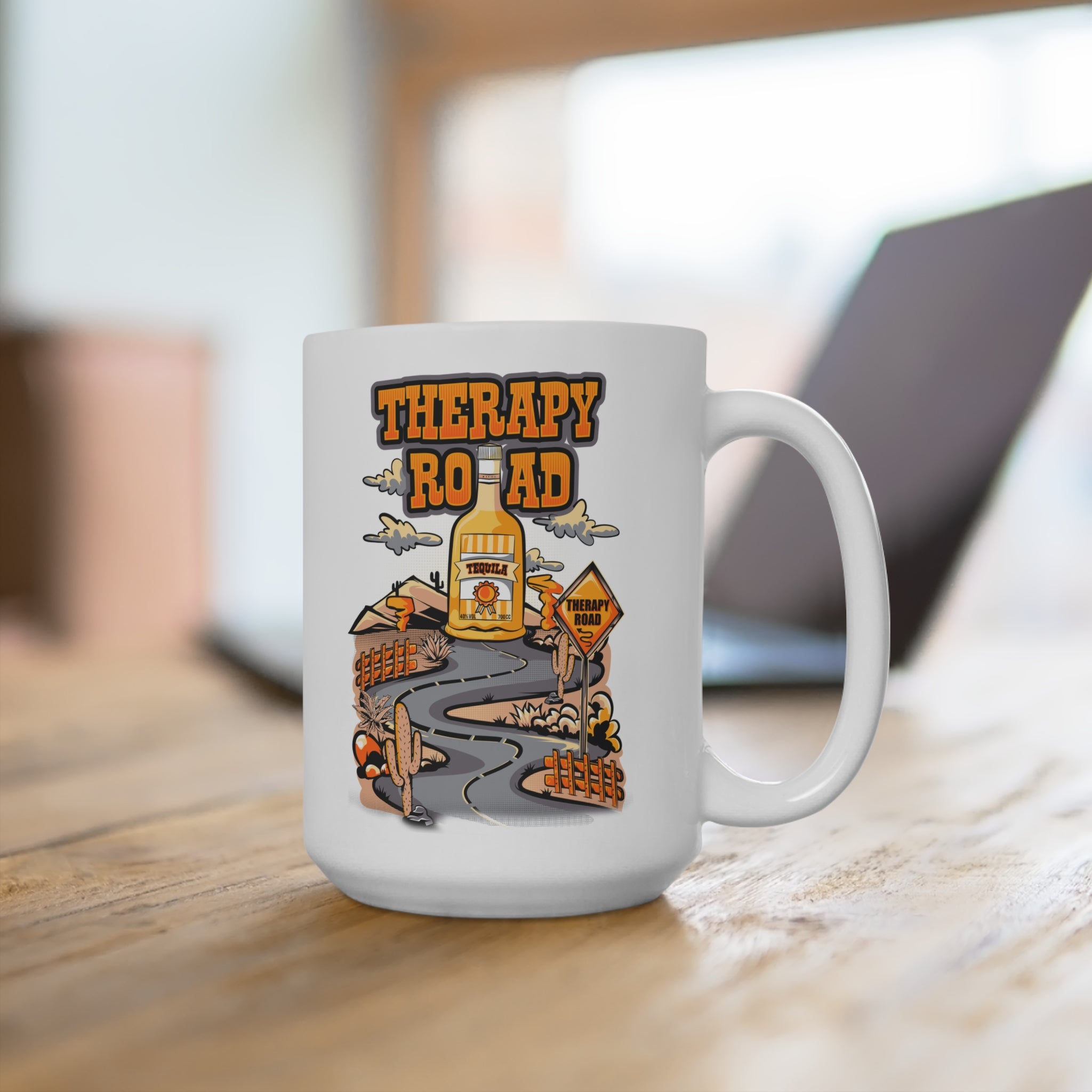 Therapy Road 15oz Coffee Mug — Funny Road Sign Bottle Design
