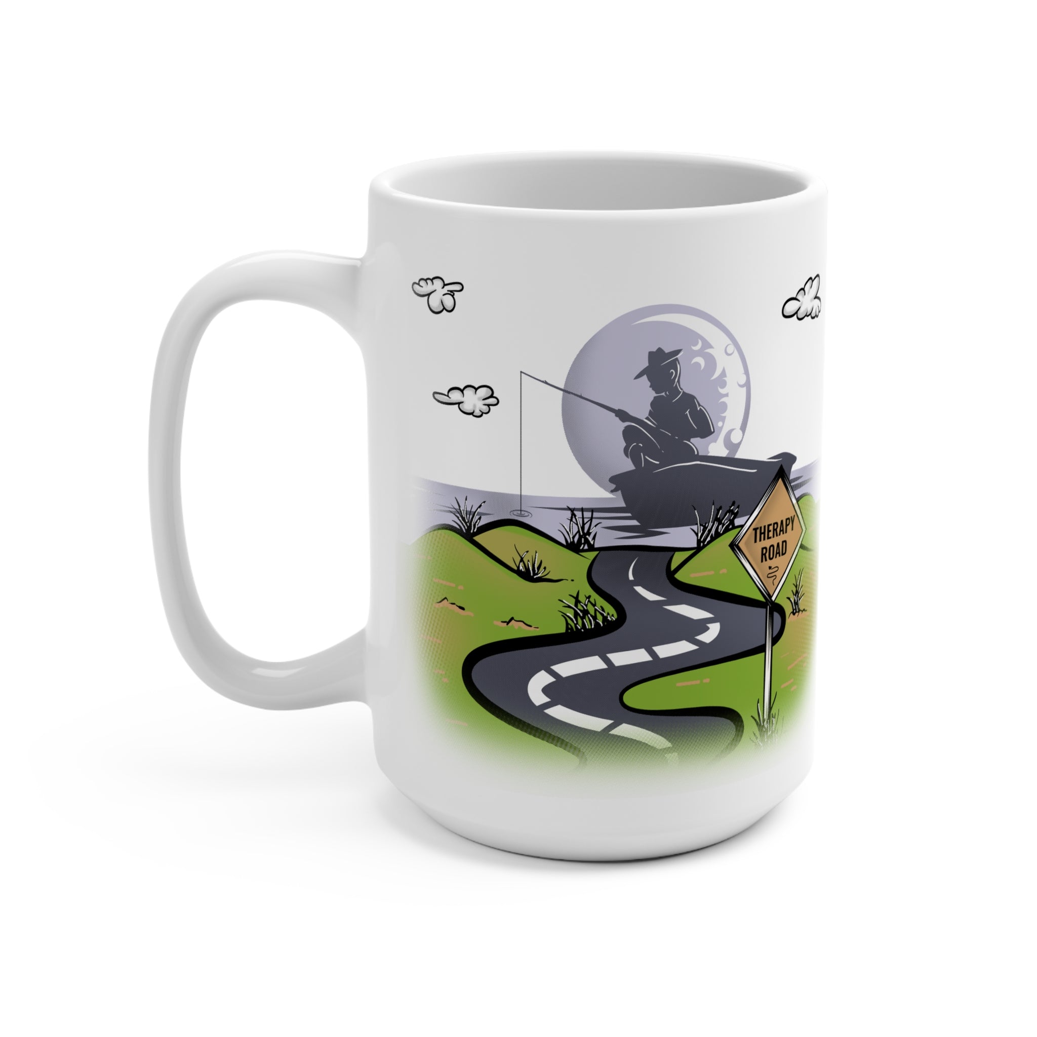 Fishing Road 15oz Ceramic Mug — Scenic Angler Silhouette Coffee Cup