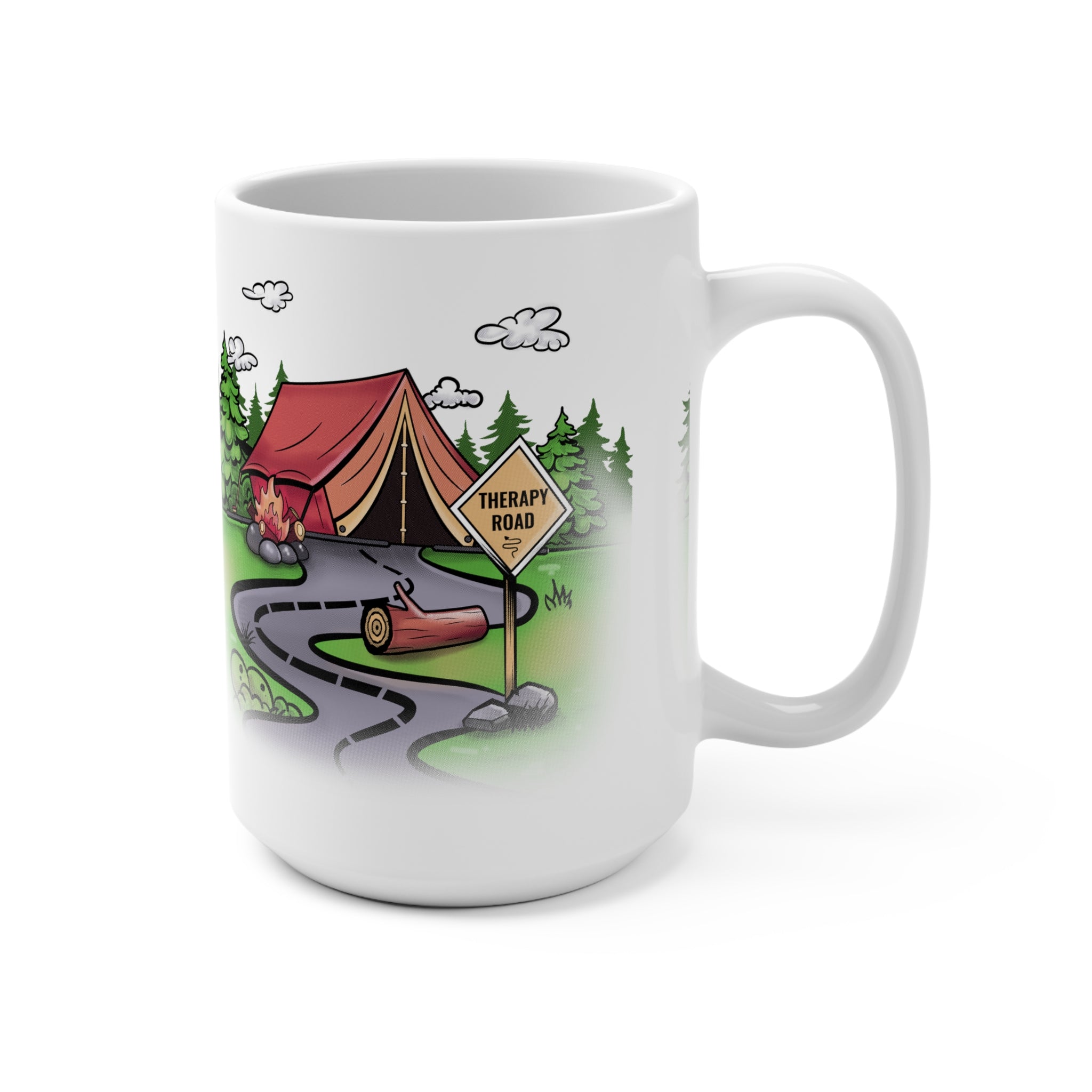 Camping Therapy Road 15oz Ceramic Mug — Relaxing Outdoors Coffee Cup