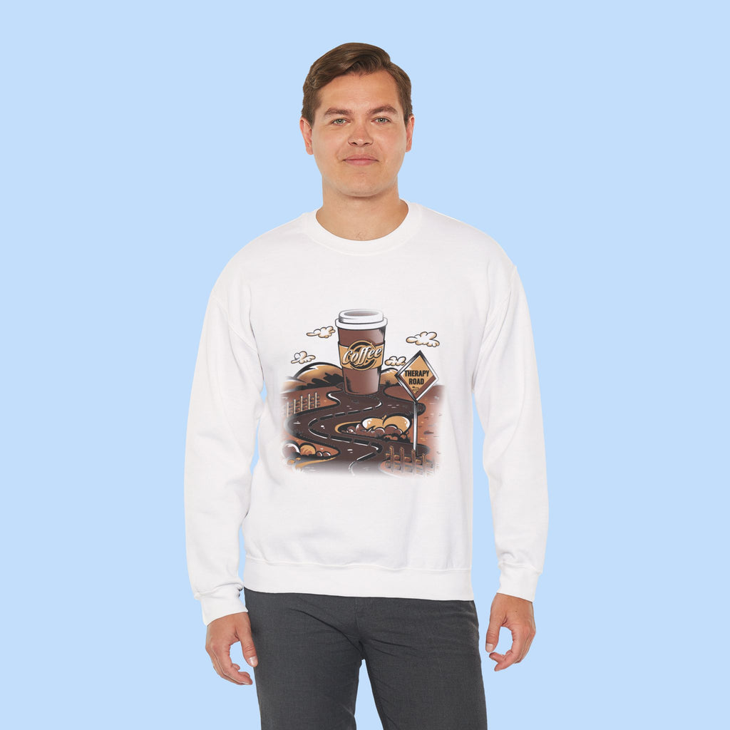 Coffee Road Crewneck Sweatshirt — Cozy Travel Coffee Graphic, Therapy Sweatshirt