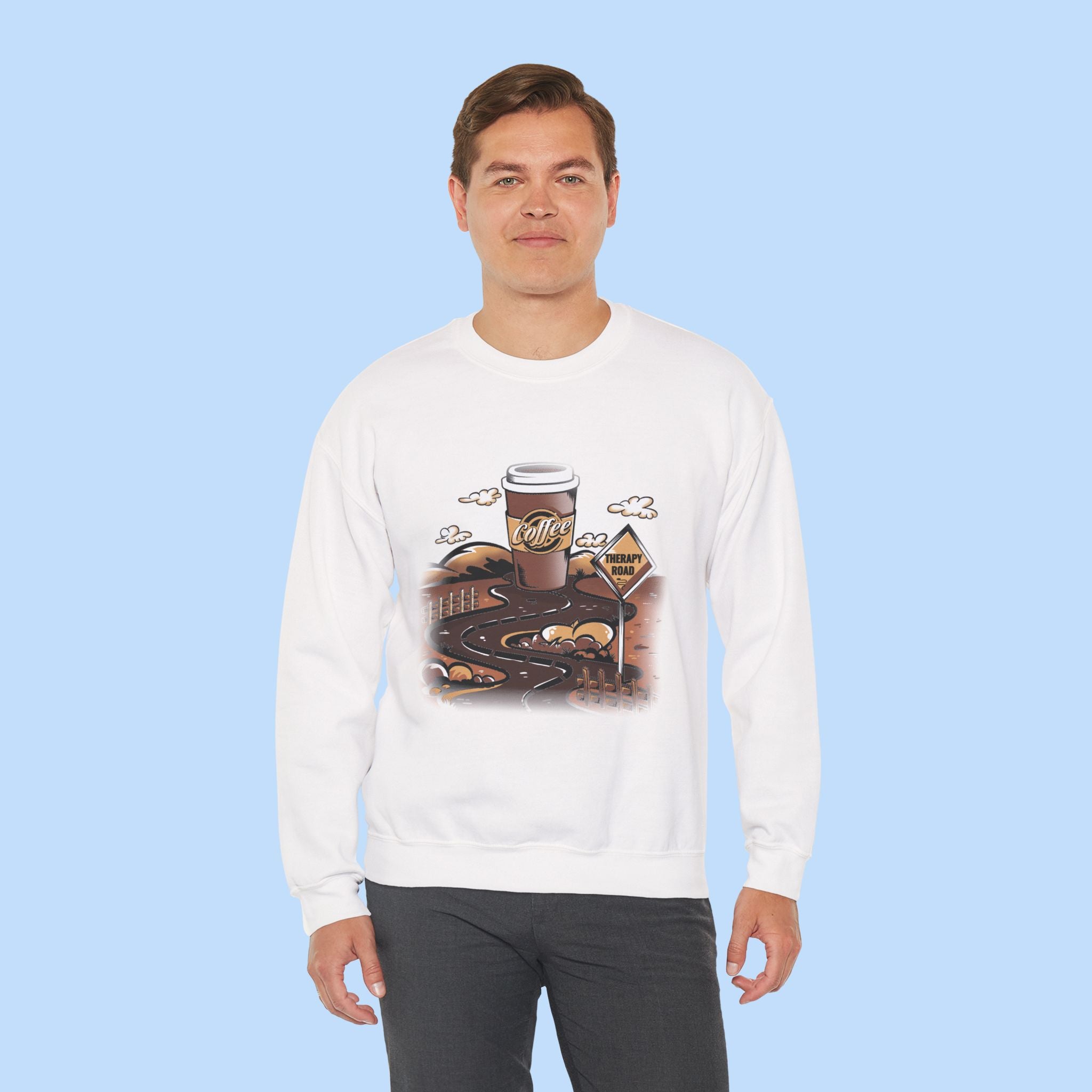 Coffee Road Crewneck Sweatshirt — Cozy Travel Coffee Graphic, Therapy Sweatshirt
