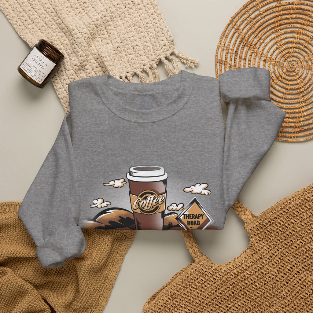 Coffee Road Crewneck Sweatshirt — Cozy Travel Coffee Graphic, Therapy Sweatshirt