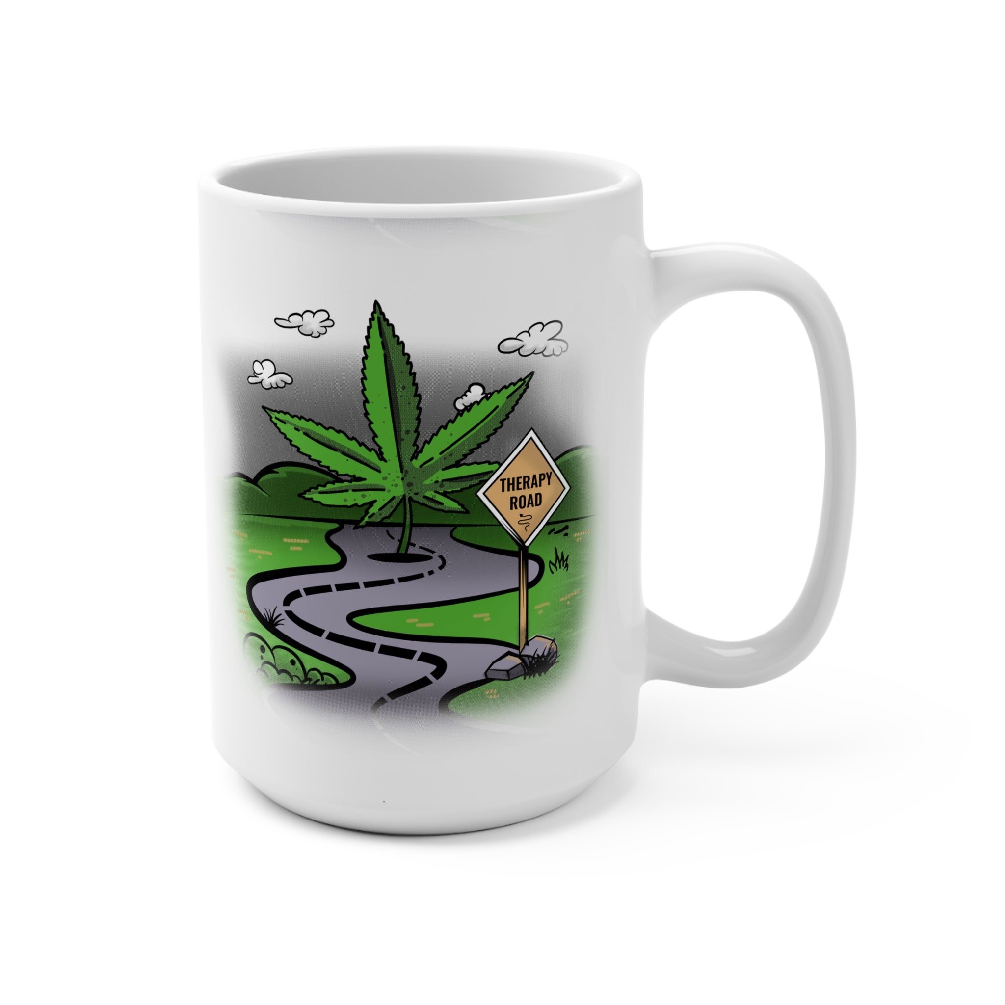 Cannabis Road 15oz Ceramic Mug — 'Treetop Road' Marijuana Leaf Coffee Cup